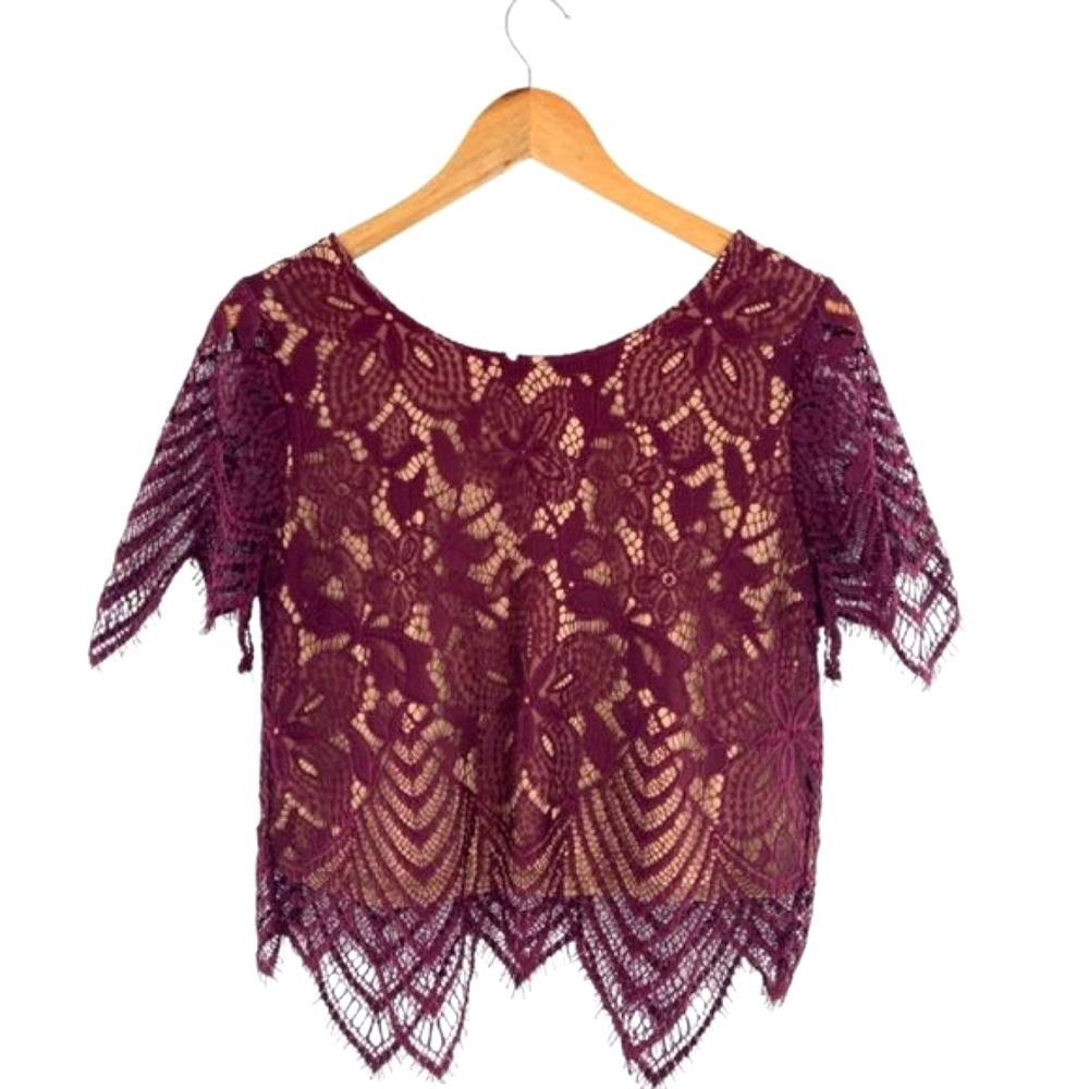 Express Wine Lace Overlay Lined Crop Top - Picture 5 of 9